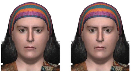 Figure 2. Facial expressions for a basic emotion (sadness). This asymmetric facial expression (left) is slightly amplified on the character’s left side of the face. It is built by biasing a single emotion (right).