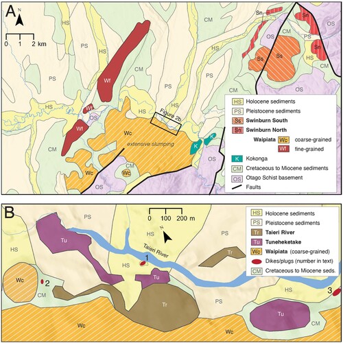 Figure 2. A, Geological maps of the eastern Maniototo Basin, showing the distribution of the different geological units discussed in the paper, with a close up B, of the area comprising a variety of different magmatic rocks on the northern edge of the Waipiata flow. Geology from QMAP and our own mapping.