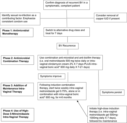 Figure 1 Recommended, sequential treatment algorithm for women with recurrent BV. Bolded text represents different phases of anti-microbial treatment during recurrent BV. *Intra-vaginal boric acid may not be available and/or is forbidden in some countries.