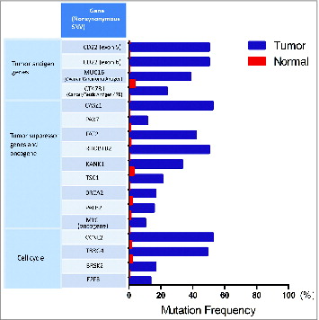 Figure 9. Other interesting mutations detected in Patient 4. A short list of nosynonymous single-nucleotide variants (SNVs) in genes related to tumor antigen, tumor suppressor, oncogene, and cell cycle are displayed with mutational frequency compared to that observed in nonmalignant cells.