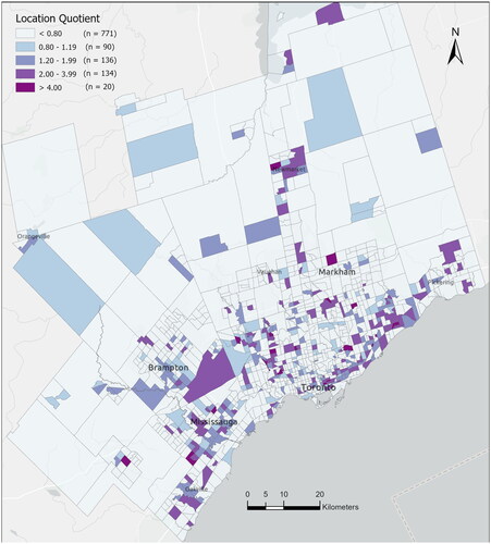 Figure 1. Concentration of subsidized housing in the Toronto census metropolitan area by census tract. Source. Authors’ calculations based on the 2016 Statistics Canada Census Tract Data.