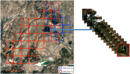 Figure 6. The area-of-interest split into smaller patches 1000 x 1000 square pixels at 10 m resolution.