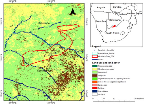 Figure 1. The location of the study area in southern Africa between South Africa and Botswana with its land-use and landcover (LULC) based on European Space Agency (ESA) for 2016.