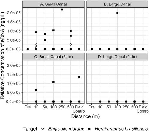 Figure 3. Quantitative PCR detections of E. mordax (circle) and H. brasiliensis (square) within the small and large canal during initial sampling (a and b, respectively) and 24h after the removal of the proxy fishes from the small and large canal (c and d, respectively). Each point above 0 ng·μL−1 indicates that target eDNA was detected and represents a positive technical replicate.