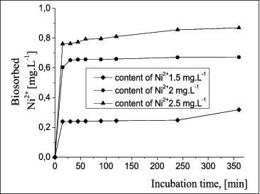 Figure 6. Ni2+ biosorption by A. oxydans 1388 biofilms in a medium with different Ni2+ concentrations.