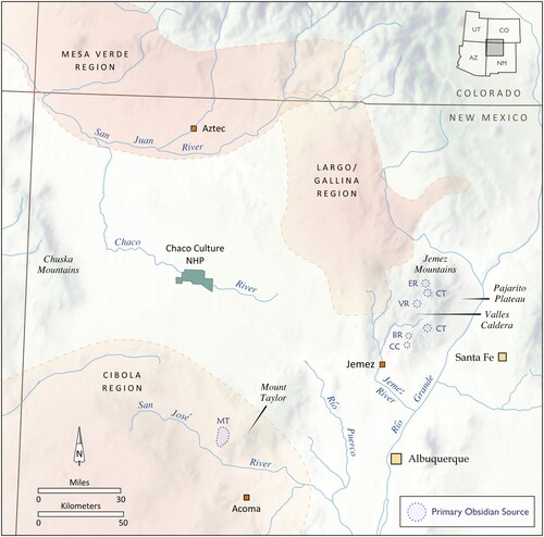 Figure 1. Major obsidian sources and geographic or cultural regions discussed.Note: The cultural regions are mostly used as spatial or geographic units. We recognize the regions are culturally diverse, and we only touch on certain aspects of these areas. Primary sources shown include: BR = Bearhead Rhyolite, CC = Canovas Canyon Rhyolite, CT = Cerro Toledo Rhyolite, ER = El Recheulos, MT = Mt. Taylor sources, VR = Valles Rhyolite.