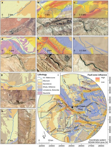 Figure 9. Lithology and lineament (fault zone) parameters, showing: (a–h) subset areas with corresponding higher resolution image for comparison with areas shown in Figures 4–8; and (i) the spatial distribution of lithology and fault zones over the study area and the location of each subset.