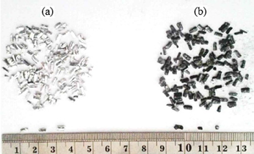 Figure 2. (a) Unmilled chips and (b) chips after 20 h of milling at a BPR of 15:1.