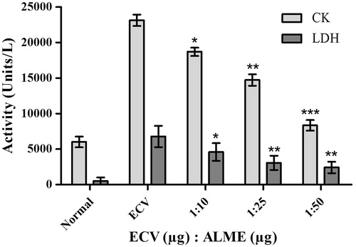Figure 5. Myotoxicity inhibition studies of ECV using ALME: mice were co-injected with 5 μg of ECV + different concentrations of ALME (simultaneously). After 3 h mice were sacrificed and serum CK and LDH levels were assayed using AGAPPE kit. Data represent mean ± SD (n = 3). *p < 0.05, **p < 0.01 and ***p < 0.001 compared with ECV.