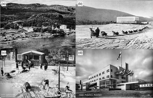 Figure 2. (a) The functionalist hotel in Borisoglebsky (Kolttaköngäs in Finnish)/Petsamo (right) stood in stark contrast to the Orthodox church and the Skolt Sámi village. (b) Reindeer sleds were the most common transport mode for travelling the last few kilometres to the Pallastunturi hotel in the winter. (c) The tourist station in Inari is an example of the twentieth-century neo-national romanticist building style of Lapland’s tourist accommodation. (d) In the late 1930s, the Pohjanhovi hotel in Rovaniemi was one of the most modern buildings in Finland.Source: Lapin Maakuntamuseo (Citationn.d.). Published with permission.