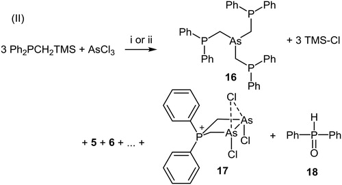 Scheme 2. Attempted synthesis of the triphosphane ligand 16 and observed side products in particular the phosphonium salt 17. (i) room temperature, DCM. (ii) neat, 90–100 °C.