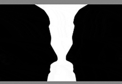 Figure 1. Edgar Rubins’s Vase/face illusion (Citation1915/2005). Original published in Synsoplevede Figurer [“Visual Figures”] around 1915. Retrieved 2019–10-28 from https://da.wikipedia.org/wiki/Edgar_Rubin#/media/Fil:Facevase.png.