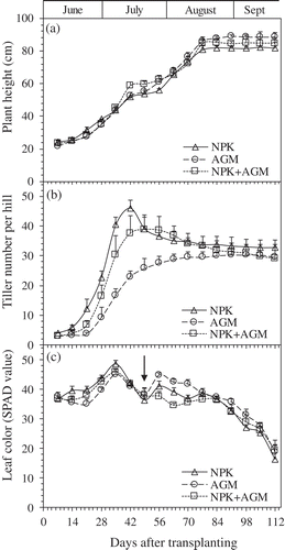 Figure 1. Plant height (a), tiller number (b), and leaf color measured in SPAD values (c) of the rice plants in NPK, AGM, and NPK+AGM treatment groups throughout the experiment period. Bars indicate standard deviation (n = 4). The arrow indicates the day fertilizer was added to the pots.