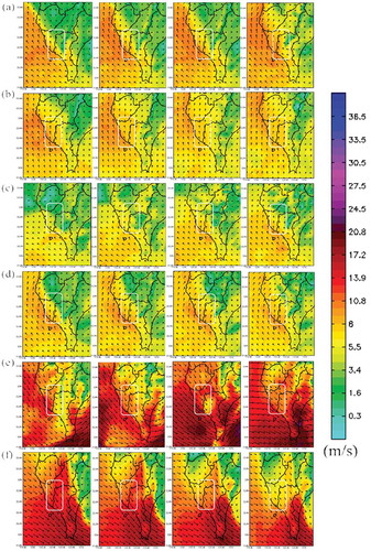 Figure 4. Simulated hourly surface wind fields on July 2, 24, and 31 and August 6 during the S-type ADE periods (a–d) and on August 21 and October 6 during the NW-type ADE periods (e–f).