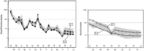 Figure 12. Multi-element spider and REE distribution of the samples from the Karacabey Granitoid. Normalization values are; (a) primitive mantle from Sun and Mcdonough (Citation1989) and (b) chondirite from Nakamura (Citation1974). Note that only western samples (KG 07 and 17) have negative Eu anomaly. Shaded area represents distribution of the samples analyzed in Aysal et al. (Citation2012).