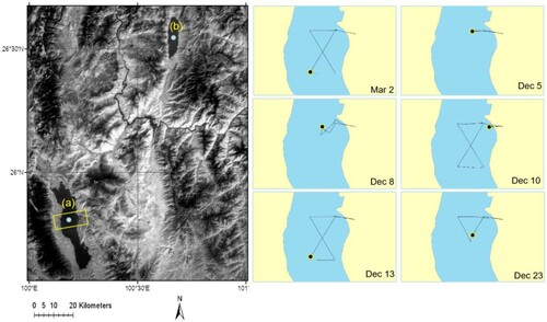 Figure 1. The location of the concurrent field experiments for the absolute radiometric calibration of thermal infrared spectrometer onboard SDGSAT-1, including Lake Erhai (a) and Lake Chenghai (b). CE312 and 102F were used in the field experiments to observe lake surface radiance and brightness temperature. The observation locations of 102F are shown in left figure, and the navigation routes of CE312 aboard USV on Mar 2, Dec 5, Dec 8, Dec 10, Dec 13 and Dec 23 were shown at right figures, and the marked black circles are the concurrent location of USV observations during the SDGSAT-1 overpass.