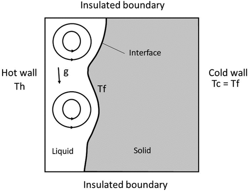 Fig. 11. Verification case for the convection solver. The temperature left wall of the 2-D cavity is set to a value greater than the melting temperature. The emerging flow pattern is an effect of buoyancy.[Citation25]