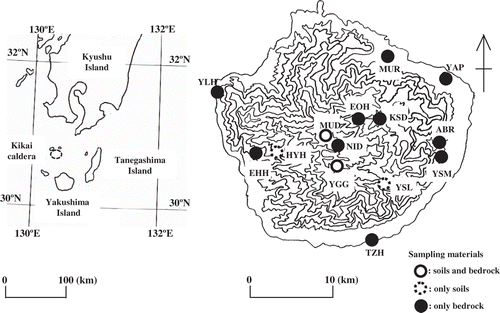Figure 1. Location of study sites. TZH, Tanizaki-hana; YAP, Yakushima airport; MUR, Miyanoura-river rightside; YLH, Yakushima light house; ABR, Anbo-river right side; YSM, Yakusugi museum; EHH, Entrance of Hanayama-hodou; KSD, Kosugi-dani; EOH, Entrance of Ohkabu-hodou; YSL, Yakusugi-land; HYH, Hanayama-hodou; YGG, Yodogo-goya; NID, Nageishi-daira; MUD, Miyanoura-dake. Soils were collected at YSL, HYH, YGG and MUD. Sandstones were collected at YAP, YSM and NID. Mudstones were collected at TZH, MUR, ABR and YGG. Granites were collected at YLH, EHH, KSD, EOH, YGG, NID and MUD.