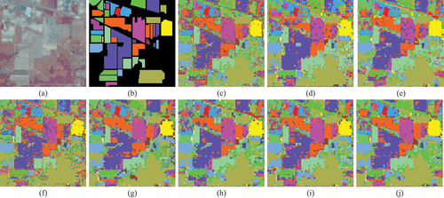 Figure 9. Classification maps of different methods on the IP dataset. (a) False colour image. (b) Ground truth image. (c) SSRN. (d) DBDA. (e) SS3FCN. (f) FreeNet. (g) SSDGLt. (h) EfficientNetV2. (i) ConvNeXt. (j) EfficientFCN.