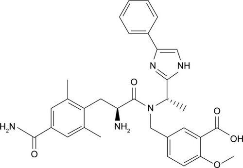 Figure 1 Eluxadoline (5-({[(2S)-2-amino-3-(4-carbamoyl-2,6-dimethylphenyl) propanoyl][(1S)-1-(4-phenyl-1H-imidazol-2-yl)ethyl]amino}methyl)-2-methoxybenzoic acid).