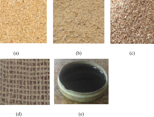 Figure 1. Materials used in the study (a) fine sand (b) medium sand and (c) coarse sand (d) untreated coir geotextile (e) CNSL.