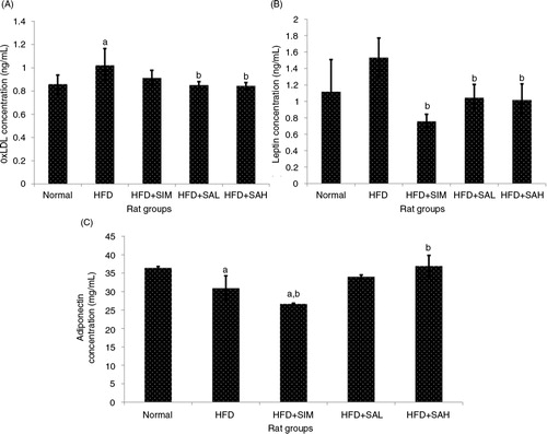 Fig. 3 Effects of sialic acid (SA) on (A) serum oxLDL, (B) serum leptin, and (C) serum adiponectin in high fat diet (HFD)-fed rats. Values are mean±SD (n=6). Groups are similar to in Table 1. aStatistical difference in comparison with the normal group (p<0.05) according to Tukey's multiple comparison test; bstatistical difference in comparison with the HFD group (p<0.05) according to Tukey's multiple comparison test.