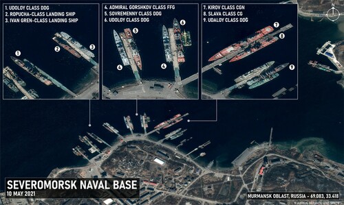 Figure 11: Russian Warships at Severomrosk on 10 May 2021Source: Airbus Defence and Space and authors'