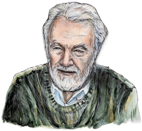 Figure 1. Portrait of David Harvey in ink and watercolor by artist Tone Bjordam, reproduced by permission of the artist.Source: generously offered by Noel Castree, confirmed by the artist. The same image appears in David Harvey: A Critical Introduction to his Thought (Castree et al., Citation2023, p.vii).