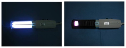 Figure 1 Alternative device for collagen crosslinking. (A) A 370 nm ultraviolet A lamp designed for dermatological treatment. (B) The ultraviolet A lamp is covered with a black plastic adhesive tape that leaves a small window through which ultraviolet light can reach the cornea.