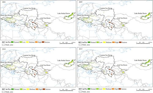 Figure 4. Maps of the spatiotemporal variation patterns of DEV (degree of ecological vulnerability) in PAs (protected areas) within the TSOL region from 2001 to 2015.