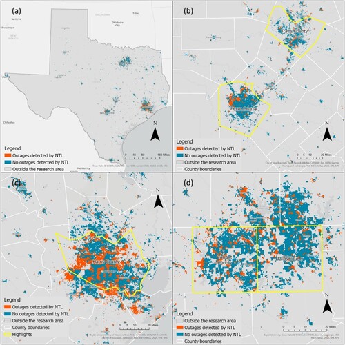 Figure 10. (a) Outage pixels from NTL images in the declared disaster counties in Texas, (b) zoom-in view of Austin (Travis County) and San Antonio (Bexar County), (c) zoom-in view of Houston (Harris County), (d) zoom-in view of Dallas (Dallas County) and Fort Worth (Tarrant County).
