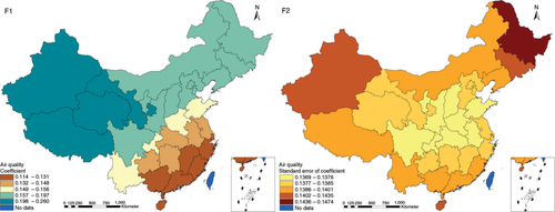 Fig. 8 Spatial heterogeneity for coefficients of air quality impacting on TB prevalence (F1: coefficient; F2: standard error of coefficient).