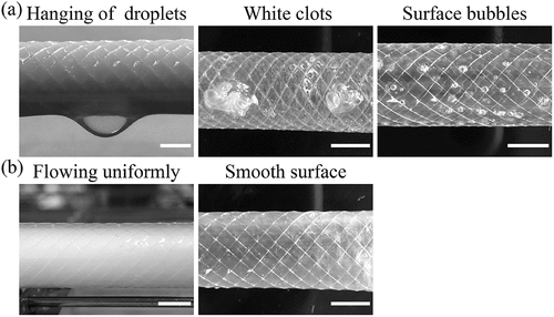 Figure 2. Drying methods of SF solution in LBL self-assembly process. (a) Grafts by static drying, (b) Grafts by rotary drying. The scale bar is 5 mm.