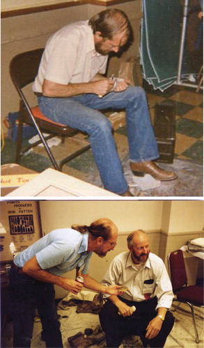 Figure 2. Patten at the Loveland, Colorado Stone Age Fair. Top: giving a knapping demonstration; bottom: with Rob Bonnichsen.