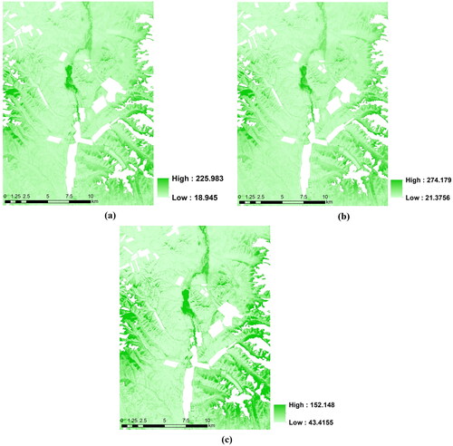 Figure 5. The estimated biomass maps using: (a) PLSR, (b) SVM, (c) RF model.