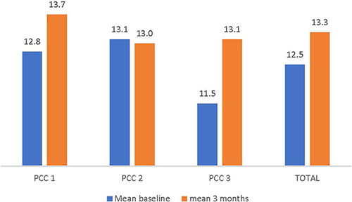 Figure 2 Mean total score on endometriosis questionnaire by staff for the three participating PCCs at baseline and after 3 months, and total scores for all three PCCs combined (right). The outcome is presented in numbers based on the entire staff’s scores. There was an increase in scores at PCC 1 and PCC 3 at 3 months compared to baseline, but no increase at PCC 2.