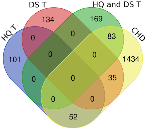 Figure 3 Venn diagram of the shared and specific seed genes against CHD. The diagram is composed of four sub-sets: HQ T (specific targets of HQ); DS T (specific targets of DS); HQ and DS T (shared targets of HQ and DS); CHD (CHD-related differential genes). The shared seed genes of HQ and DS against CHD are 83. The specific seed genes of HQ against CHD are 52. The specific seed genes of DS against CHD are 35.