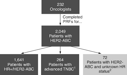 Figure 1. Flowchart of the number of patients included and identified within the analysis.ABC: Advanced breast cancer; HR: Hormone-receptor; PRF: Patient Record Form; TNBC: Triple-negative breast cancer.1Data provided in supplementary tables.2Data not provided.