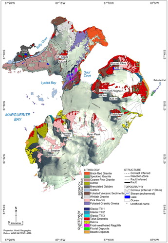 Figure 2. Geological map of Horseshoe Island on Google Earth Image. Date of the image is 2012. Lithological, tectonics and structural features are adapted from CitationMatthews (1983).