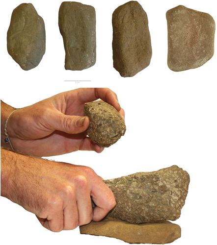 Figure 5. Upper images show stone anvils excavated from Cutting 11 (left to right − 93E144:9663, 93E144:9661, 93E144:15412, C1107) with an experimentally produced version upper right. Lower image depicts how this sequence is proposed to have operated using a quarried porphyritic andesite hammer stone (93E144:8633, C1103), roughout (93E144:10961, C1108) and anvil stone (93E144:15412).