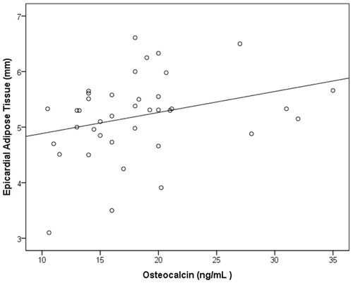 Figure 1. Correlation between osteocalcin and epicardial adipose tissue in premenopausal obese women (p = .043; r = 0.326).
