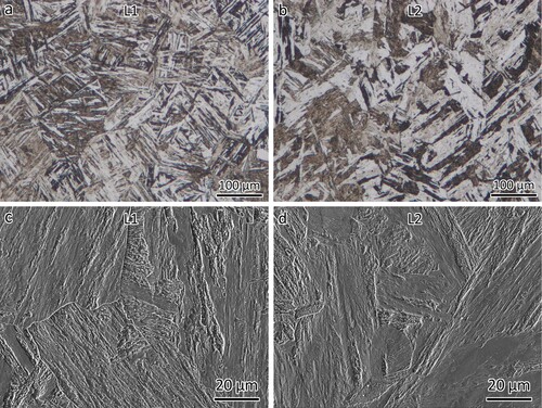 Figure 4. Optical images showing the bainite microstructure in (a) layer 1 and (b) layer 2. SEM images showing the bainite microstructure in (c) layer 1 and (d) layer 2.