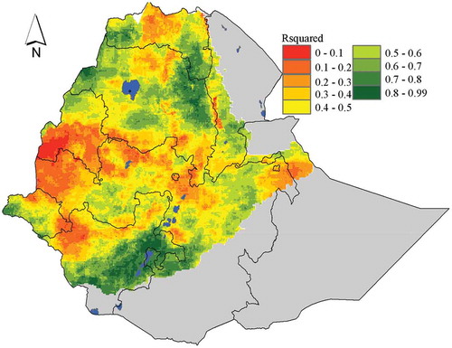 Figure 2. The coefficient of determination (r2) map between ENACTS and CHIRPS rainfall products for Kiremt (June – September) season.