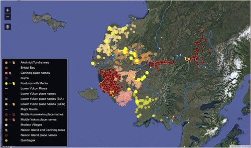 Figure 9. A sample distribution of Yup’ik subsistence place names throughout the Y-K Delta. Image courtesy of the EKOLA environmental Atlas.