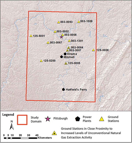 Figure 1. Topographical map of study domain with EPA ground stations.