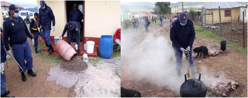 Figure 1. A police officer dumps umqombothi and meat on the ground after dispersing a crowd at a funeral at Engcobo in the Eastern Cape, April 2020. (Source: Daily Dispatch, 6 April 2020.)