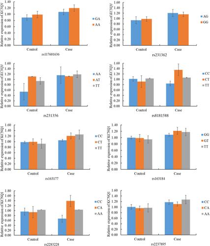 Figure 6 Association of KCNQ1 relative mRNA expression and genetic polymorphisms in T2DM and controls.