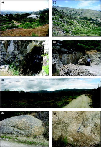 Figure 3. Field aspects of the studied sites: (a) View of Alardo site and ‘Cova da Beira’ plains in the background; (b) General view of Gardunha mountain ridge; (c) Hydrogeological inventory mapping: water mine excavated in granite; (d) Granitic core stones and weathered granite in Gardunha sloped area; (e) View of Touca plains, with Gardunha mountain system in the background; (f/g) Outcrop and weathered granite in Touca site.