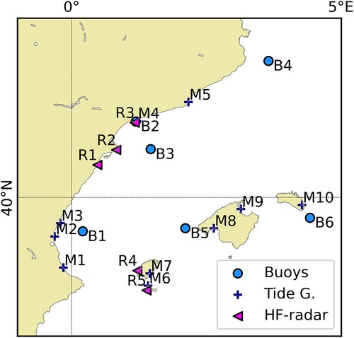 Figure 4.1.1. Portus in-situ station in the Gloria’s impact region. M stands for sea level gauge, B for Buoy and R for HF-radar. Codes stand for M1-Gandía, M2-Valencia, M3-Sagunto, M4-Tarragona, M5-Barcelona, M6-Formentera, M7-Ibiza, M8-Palma de Mallorca, M9-Alcudia, R1-Vinaroz, R2-Alfacada, R3-Salou, B1-Valencia, B2-Tarragona (coastal), B3- Tarragona (deep water), B4-Begur, B5-Dragonera, and B6-Mahón. SOCIB’s HF radars are marked as R4 and R5. CMEMS data product ref-4.1.5.