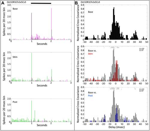 Figure 6 Peri-stimulus time histograms and normalized cross-covariance function for two On-Off retinal ganglion cells (Oct10R1Ch2x5Cs3). (A) The top panel shows the average firing of the two cells (magenta vs green) during the pre-tACS base period. The middle panel shows that one of cells (magenta) decreases in firing during tACS. The bottom panel shows that this firing decrease persists after cessation of the tACS current. Black bar at top indicates timing of stimulus presentation. (B) The normalized cross-covariance function for delays from −50 to +50 msec in the top panel is for the baseline pre-tACS period. The middle panel compares cross-covariance during baseline (black) versus during tACS (red). The bottom panel compares baseline cross-covariance (black) to that after cessation of tACS current (blue). Two-way ANOVA p=0.05. Interaction, F (800, 28,872) = 1.078, NS. Row Factor, F (400, 28,872) = 2.878, p<0.0001. Column Factor, F (2, 28,872) = 46.93, p<0.0001. Square symbols above a bin denote significant differences in the multiplicity adjusted p-values between the plots at the p<0.05 level. Double height symbols above a bin denote significant differences between the plots at the p<0.005 level, triple height symbols denote significant differences at the p<0.0005 level.